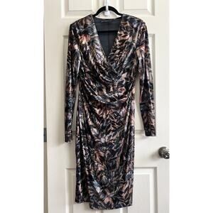 PERUVIAN CONNECTION Floral Faux Wrap Stretch Knit Jersey LS Midi Dress Sz Medium